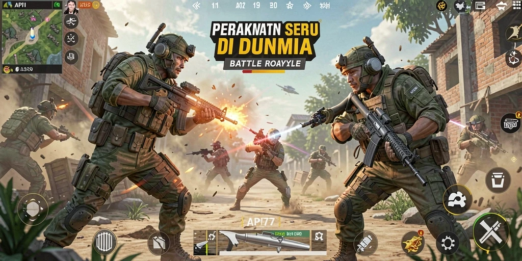 Tampilan screenshot API77 menampilkan adegan pertempuran seru di arena Battle Royale.