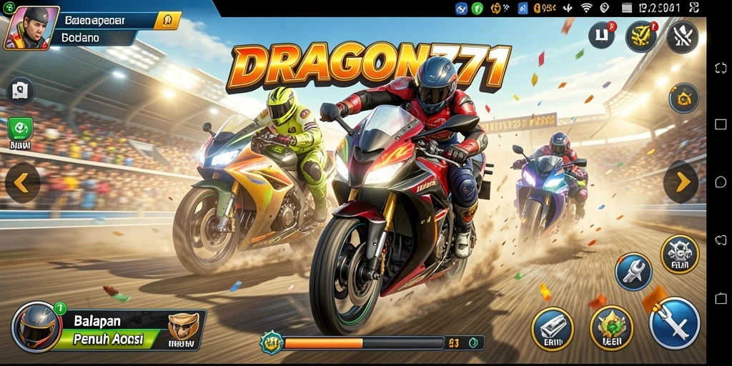 Tampilan gameplay mendebarkan dalam DRAGON777 saat balapan motor.