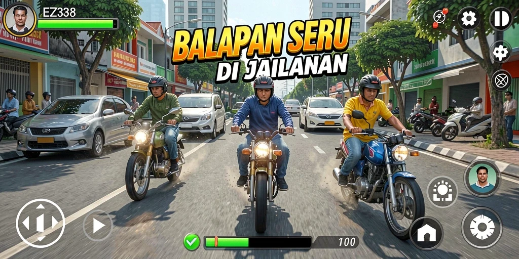 Tangkapan layar gameplay EZ338 menampilkan balapan intens di jalan raya.